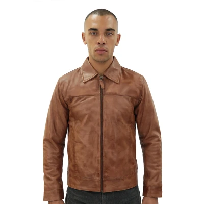 Image of Men&#039;s Retro Brown 100% Nappa Leather Harington Biker Jacket 5XL
