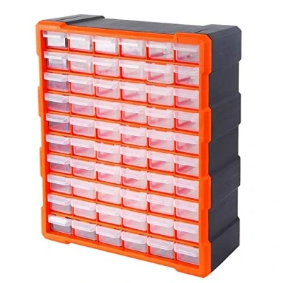 Image of Bond Hardware 60 Drawer Organiser for DIY Tool Bits Plastic Storage Units Workshop Screws and Small Parts Cabinet or Office Stationary Craft Box Black/Orange