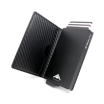 Image of Stealth Wallet RFID Card Holder Smart Minimalist Pop Up Wallets with Gift Box Slim Lightweight Metal Credit Holders for Men (Black Aluminum, Black Carbon Leather)
