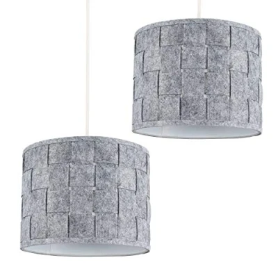 Image of Pair of MiniSun Small Modern Grey Felt Weave Design Ceiling Pendant/Table Lamp Drum Light Shades Complete with 10w LED GLS Bulbs [3000K Warm White]