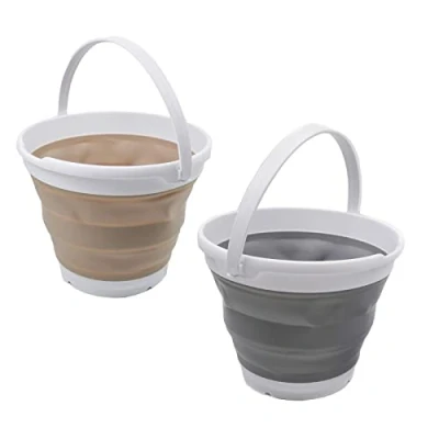 Image of SAMMART 10L Collapsible Plastic Bucket Foldable Round Tub Portable Fishing Water Pail Space Saving Outdoor Waterpot. Size 31cm Dia (Grey + Latte)