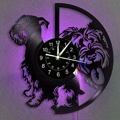 Image of Smotly Vinyl wall Clock, Schnauzer Dog LED 7 Color Night Lamp Retro Children Birthday Gifts Handmade Home Decor clock