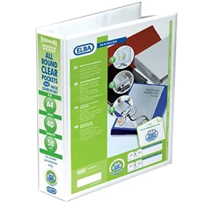 Image of Elba Panorama Presentation Binder PVC 3 Cover Pockets 4 D Ring 50mm A4 White Ref 128907 [Pack of 10]