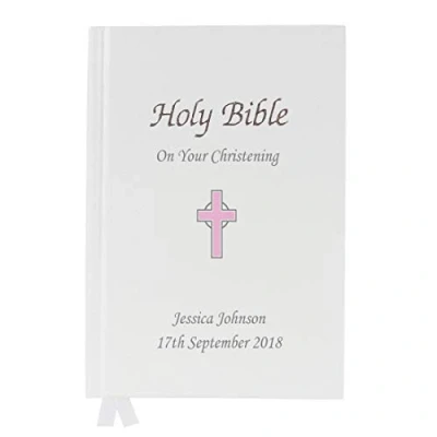 Image of Personalised Pink Cross Bible Christening First Holy Communion Baptism New Baby Gift