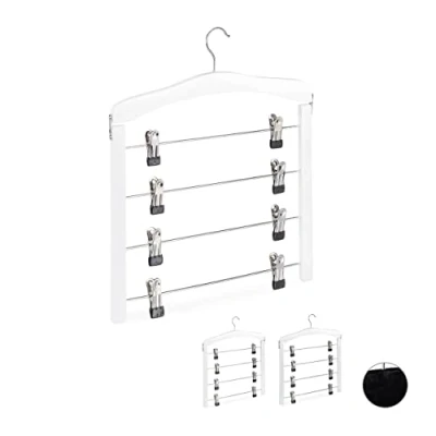 Image of Relaxdays Multi Skirt Holder Set of 3, Compact, 360 Swivel Hooks, Clips for Pants and Skirts, Wooden, White