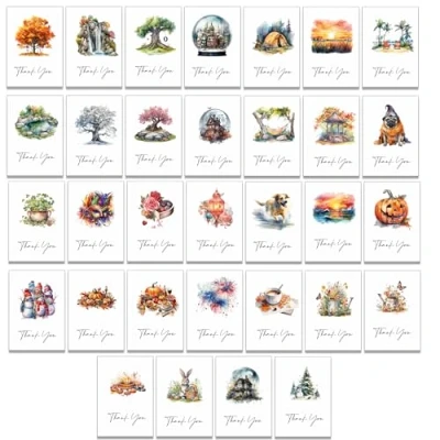 Image of 32 Thank You Greeting Cards with Different Designs on the Front Kraft Brown Envelopes Included (Four Seasons)