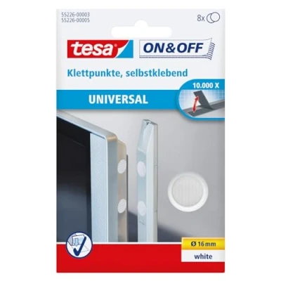 Image of tesa® On &amp; Off Hook and Loop Stick Coins Sticky Dots Adhesive for Attaching Light Objects 16 mm Pack of 8 White