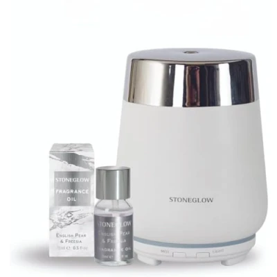 Image of Stoneglow Luna Collection Ceramic Perfume Mist Diffuser Starter Kit with English Pear &amp; Freesia Fragrance Oil (White Silver)