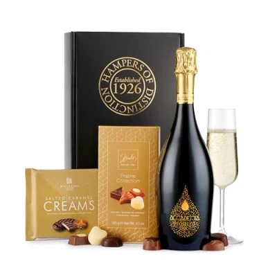 Image of Thornton &amp; France Prosecco Chocolates Gift Box Luxury Christmas Hamper For Her With Dry White Sparkling Wine Assorted Chocolate