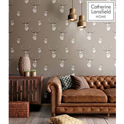 Image of Stag Wallpaper Stripes Woven Effect Mushroom White Grey Catherine Lansfield