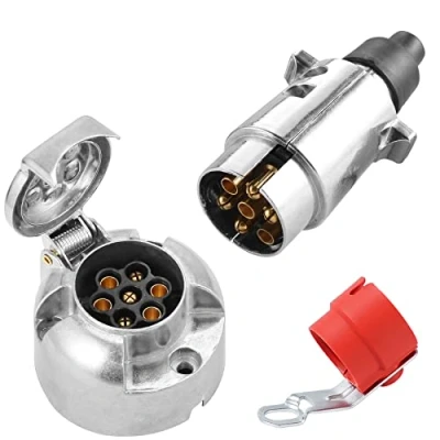 Image of SPARKMOTO 7 Pin Metal Trailer Plug Socket, 12V Socket Aluminium,With Holder(Rubber Cap)