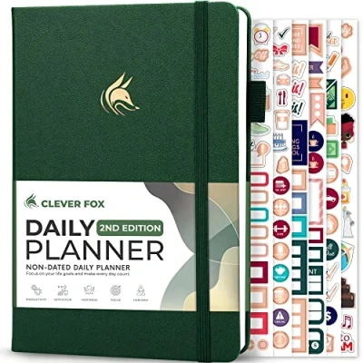 Image of Clever Fox Daily Planner 2nd Edition Undated Time Block Task Organizer with Hourly Schedule &amp; To do list A5, 6 Months (Forest Green)