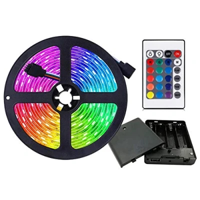 Image of HIKENRI Battery Powered LED Strip Lights, Flexible Color Changing RGB Light Strip,5050 3M/9.8FT 90 LEDs 5V with Controller