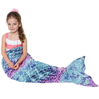 Image of Catalonia Mermaid Tail Wearable Blanket Gift, Soft Flannel Fleece Sleeping Bags for Kids Girls All Seasons, Colorful Scale Snuggle Birthday 155 x 48 cm