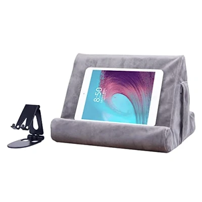 Image of Tablet Stand Multi Angle Pad Lazy Holder Soft Cushion with Net Pocket &amp; Black Phone for Lap, Knee, Sofa and Bed Universal Stands(Light Grey)