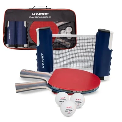 Image of Hy Pro Table Tennis Set 2 Person Portable Ping Pong with Retractable Net, Bats, 3 Balls &amp; Carry Case, Quick Setup, Up to 170 cm Extendable Indoor Outdoor, Travel Ready