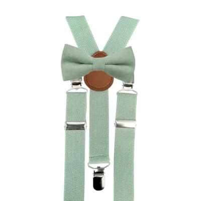 Image of Children&#039;s Kids Boys Cotton Blend Pre Tied and Elasticated Bow Tie &amp; Braces Set (Sage Green Eucalyptus Braces) suitable for formalwear, weddings, parties, pageboy outfits