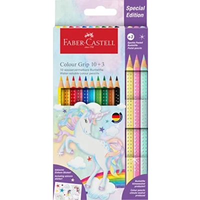 Image of Faber Castell 201542 Colouring Pencils Set Unicorn 13 Pieces Shatterproof Includes 3 Sparkle Pastel and Stickers