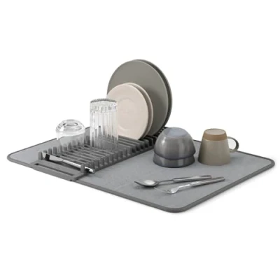 Image of Umbra UDRY Rack and Microfiber Dish Drying Mat Space Saving Lightweight Design Folds Up for Easy Storage, 24 x 18 inches, Charcoal