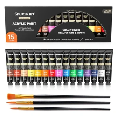 Image of Shuttle Art Acrylic Paint Set, 15 x 12ml Tubes Artist Quality Non Toxic Rich Pigments Colours Perfect for Kids Adults Beginners Artists Painting on Canvas Wood Clay Fabric Ceramic Crafts