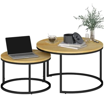Image of HOMCOM 2 Pcs Stacking Coffee Table Set Steel Frame Marble Effect Top Foot Pads Natural