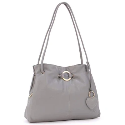 Image of Gigi Ladies Leather Shoulder Bag Medium Tote Handbag With Multiple Compartments Heart Keyring Charm OTHELLO 4323 Grey