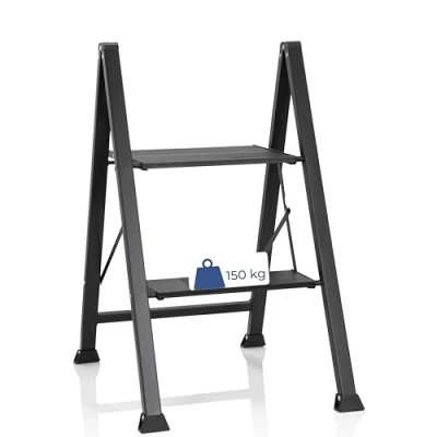 Image of hjh OFFICE 2 Step Ladder SOLID W5 Aluminum Folding 150 kg Capacity Lightweight Portable black
