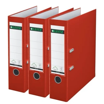 Image of Leitz Lever Arch File, Red, Plastic, A4, 80 mm spine, Pack 3, 310335125