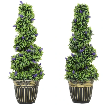 Image of HOMCOM Set of 2 Decorative Artificial Plants, Boxwood Spiral Topiary Tree with Lavender and Pot, Fake Plants for Home Indoor Outdoor Decor, 90cm
