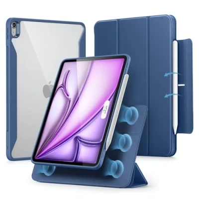 Image of ESR for iPad Air 13 inch Case, (2024) Case with Pencil Holder, Removable Magnetic Cover, Vertical Stand, Fully Supports Apple Pro and (USB C), Rebound 360 Series, Blue