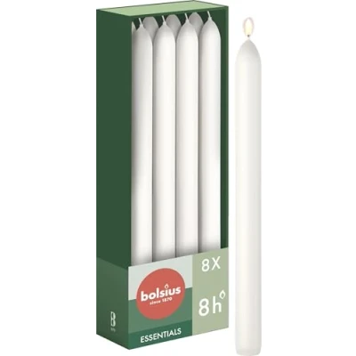 Image of Bolsius Tapered Dinner Candles White 8 Pack 23 cm Long Burning Time of Hours Unscented Includes Natural Vegan Wax Without Palm Oil