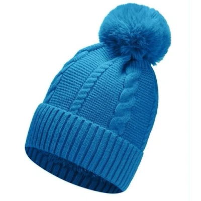 Image of Gadgets Mafia Ladies Warm Chunky Cable Knit Hat with Thermal Teddy Fleece Lining Faux Fur Pompom Winter Beanie for Women (Teal)