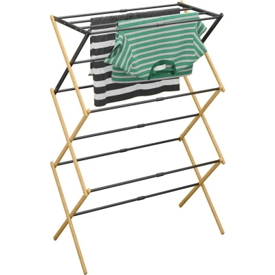 Image of Relaxdays Folding Clothes Airer, 11 Rods, 105.5x43 75x37.5 cm, Expandable Laundry Rack, Bamboo &amp; Metal, Natural/Black, Iron, Plastic