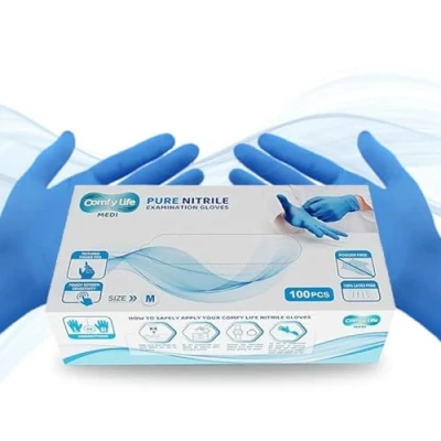 Image of Comfy Life MEDI Pure Nitrile Gloves Premium Medical Grade EN455 EN374 Virus &amp; Chemical Tested AQL 1.5 Latex Powder Free Disposable Examination Pack of 100 Medium Blue