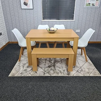 Image of KOSY KOALA Kitchen Dining Table, 4 White Chairs And 1 Bench Padded Cushioned Seats Oak Effect Wood Table Set 6 (140x80x75cm)