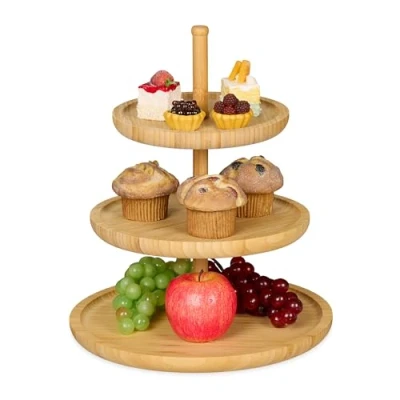 Image of Relaxdays Bamboo Etagere: 37 cm x 30 Fruit Etagere Wooden With 3 Round Plates For Cookies, Sweets, Baked Goods, Party Snacks, Nuts And More, Plate Serving Dish Tray Platter, Natural