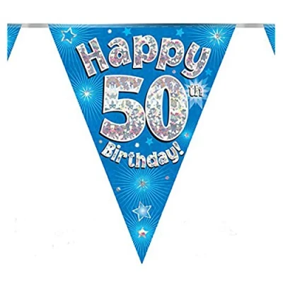 Image of Happy 50th Birthday Blue Holographic Foil Party Bunting 3.9m Long 11 Flags