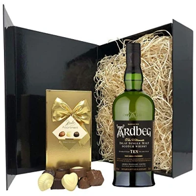 Image of Islay Whisky Gift Set Ardbeg Scotch and Chocolates Hamper Box Birthday, Christmas Single Malt Gifts for Men Women