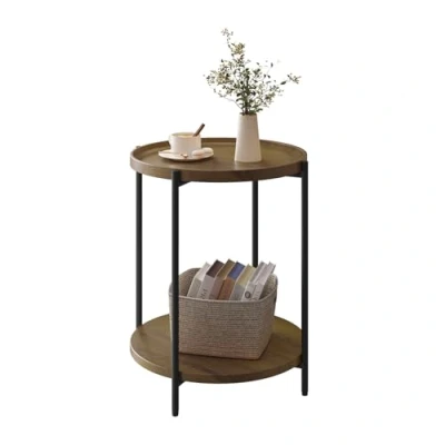 Image of WOLTU Round Coffee Table, Small Side Table with 2 Shelves, End Storage, Living Room Furniture Sofa MDF + Metal, Vintage Wood Effect, BTS06hov
