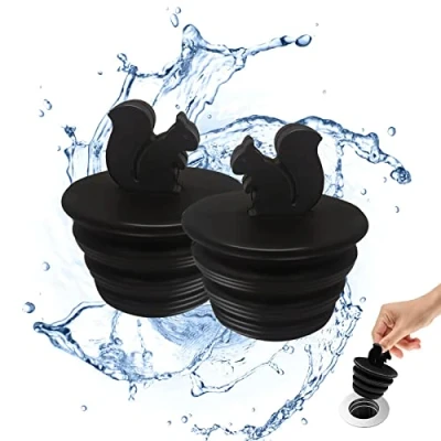 Image of Bathtub Stopper, 2 Pack Universal Plug Silicone Stopper Drain Tub for Kitchen and Bathroom Sink Drains, Black Cute Squirrel Shape, Count