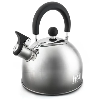 Image of Trail 2L Whistling Camping Kettle, Polished Stainless Steel, Durable Lightweight, Easy Pour Spout, Folding Heat Resistant Handle, Fast Boil Travel, Outdoor Fishing Hiking, 15cm x 18cm, 0.42kg (Silver)