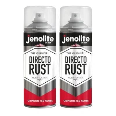 Image of JENOLITE Directorust Gloss Spray Paint CRIMSON RED 2 x 400ml Direct To Rust For Metal Multi Surface Wood, Metal, Plastic, Ceramic RAL 3027