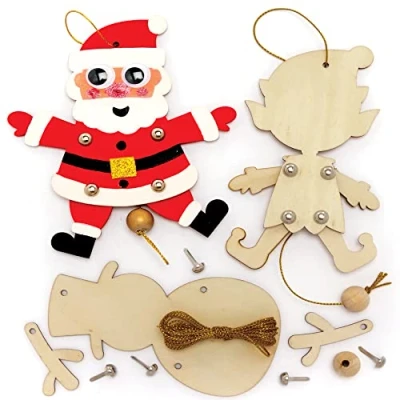 Image of Baker Ross FC192 Christmas Wooden Puppet Decorations Pack of 5, Make Your Own Puppets, Puppets for Kids, Crafts Kids to Assemble and Decorate
