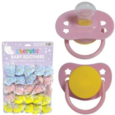 Image of 25 Pack Silicone Baby Soothers for 1+ Month Olds BPA Free, Ergonomic Design Comfortably Curves with Face, Breathable &amp; Safe Dummies Assorted Colors Blue, Pink, Yellow