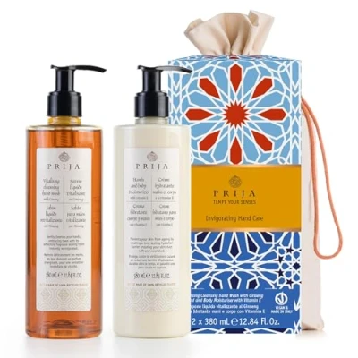 Image of Prija Everyday Treatment Gift Set including Vitalising Hand Wash with Ginseng and Hands Body Moisturiser Vitamin E, Luxurious Vegan Friendly Pampering 2 x 380ml