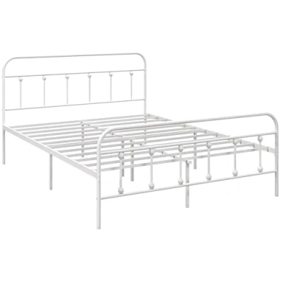 Image of HOMCOM 5ft King Bed frame with Underbed Storage, Metal Platform Tall Headboard, Footboard and Steel Slat Support, No Box Spring Needed, Easy Assembly, White