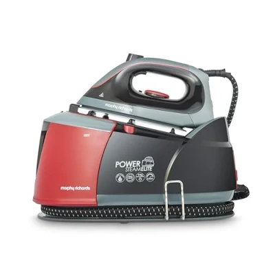 Image of Morphy Richards Power Steam Elite + Generator Iron, Ceramic Non stick Soleplate, 310g Boost, 200g Output, 6 Bar, Auto Clean, 1.3L Water Tank, 1.8m Cord, 2400W, Black/Red, 332013