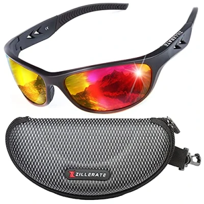Image of ZILLERATE Polarised Sunglasses For Men Mens Womens Polarized Sports Sun Glasses, Fishing Driving Running Cycling Sailing Skiing Golf, UV400 Protection Safety Lenses, Wrap Around Men&#039;s Shades, Red