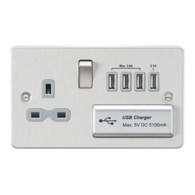 Image of KnightsBridge Flat plate 13A switched socket with quad USB charger brushed chrome grey insert