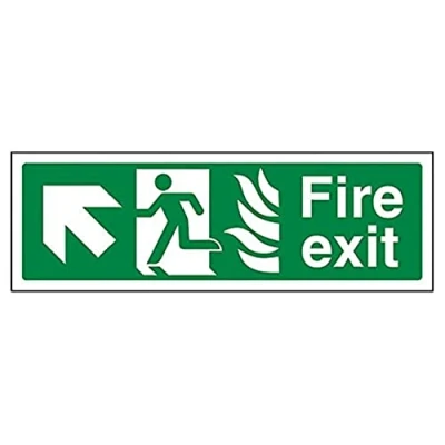Image of V Safety NHS Fire Exit Arrow Up Left Sign 300mm x 100mm 1mm Rigid Plastic
